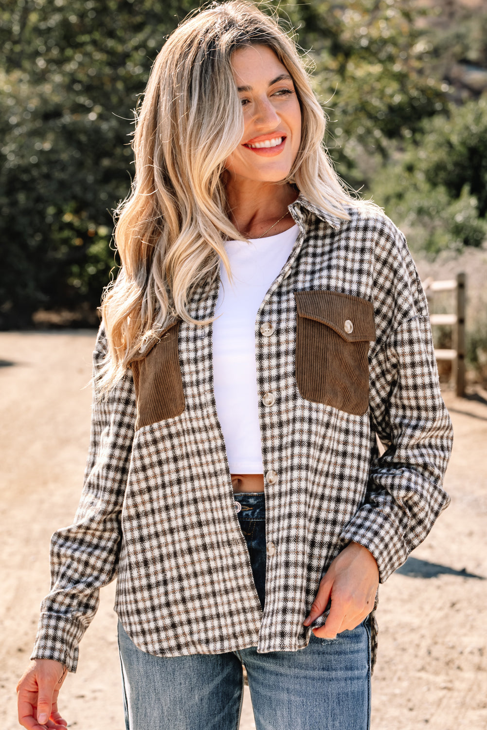 Casual Corduroy Shacket Patchwork Plaid With Flap Pockets Dear-Lover Dropshipping